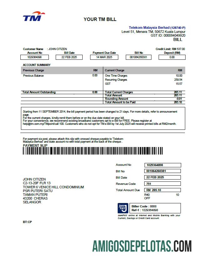 Em branco modelo de conta de serviços públicos da Malaysia Telekom em formatos Word e PDF